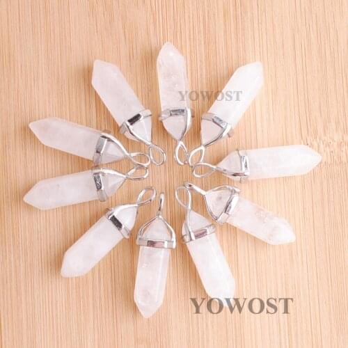 10pcs Natural Stone Pendants Crystal Bullet Hexagonal Point Pendulum Column Reiki Healing Chakra Jewelry Silver plated QN3054