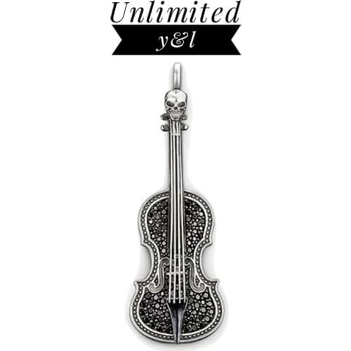 Skull Cello Violin Pendants Punk Style 925 Silver Black Zirconia Fashion Jewelry Chain Necklace Accessories Women Men 2018 New