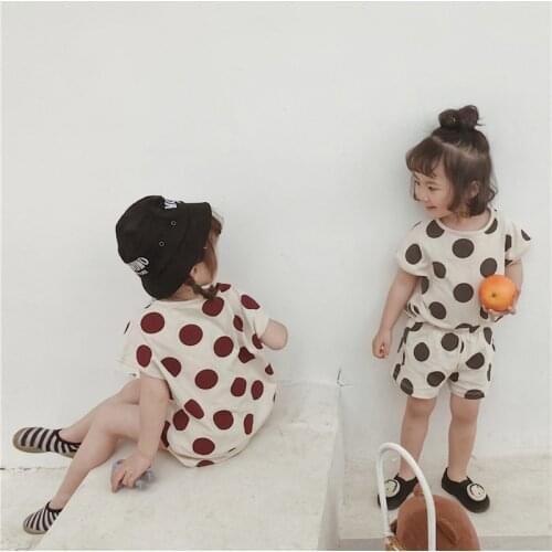 Korean style polka dot printed casual clothing sets for boys and girls pure cotton short sleeve T shirt + shorts 2pcs suits