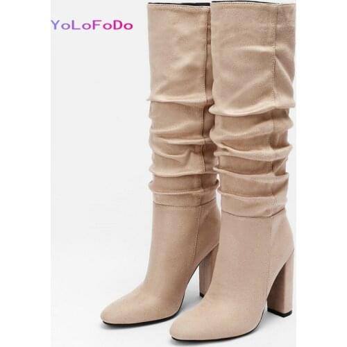 Black Apricot Red Brown Women Knee High Boots High Quality Women Square High Heel Boots Fashion Pleated Round Toe Womens Boots