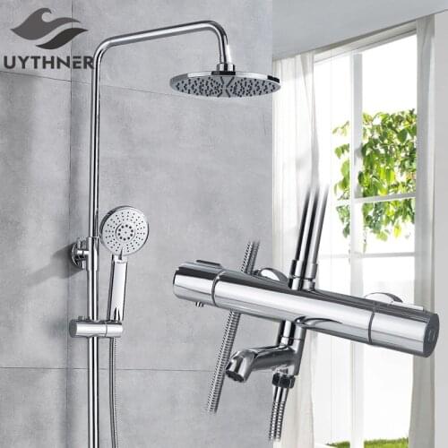 Bathroom Thermostatic 8 inch Rainfall Shower Mixer Set Bath Shower Swivel Faucet Chrome Hot and Cold Water Shower Wall Mounted