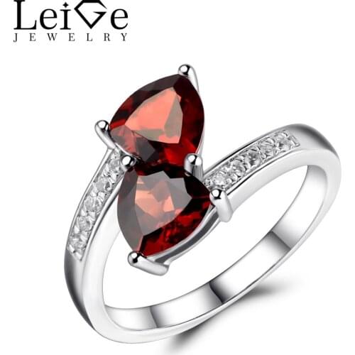Leige Jewelry Natural Garnet Rings Triangle Cut Double Stones Engagement Wedding Rings Sterling Silver 925 Jewelry Red Gemstone