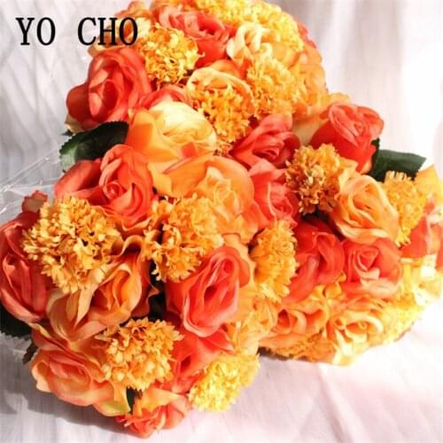 YO CHO 16pc Silk Rose Carnation Artificial Flower Bouquet Wedding Party Decoration DIY Faux Flore Scrapbooking Craft Fake Flower