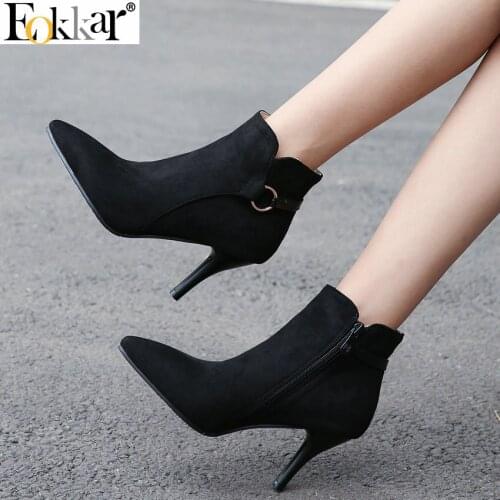 Eokkar 2020 Pointed Toe Women Ankle Boots Thin High Heel Zipper All Match Winter Boots Flock Elegant Ladies Boots Size 34-43