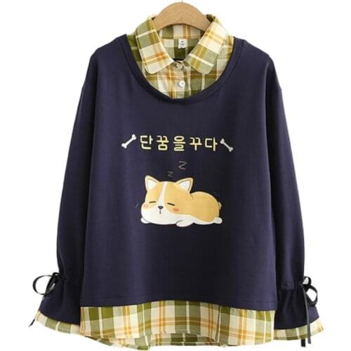 Women Hoodies Sweatshirts Cartoon Dog Print Funny Pullover Tracksuits Preppy Style Ladies Plaid Patchwork Fake Two Piece Clothes