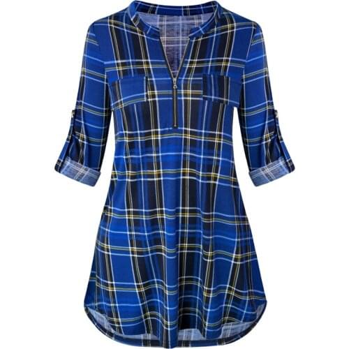 New womens plaid curled zipper long-sleeved top woman tshirts aesthetic clothes long sleeve summer tops