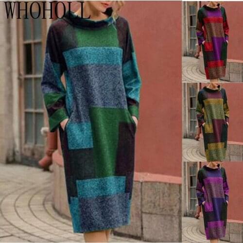 2020 New Autumn Winter Style Fashion Solid Women O-Neck Sweater Shirt Long Casual Long Sleeve Pullover Dress Robe Femme