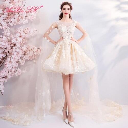 AXJFU princess flower champagne lace short evening dress vintage bride o neck sleeveless veil dinner short evening dress 1801