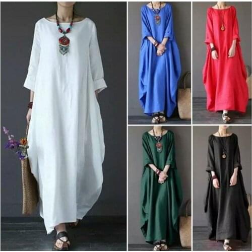 Womens Summer Maxi Dress Short Sleeve Retro Casual Dresses Loose O-Neck Dress