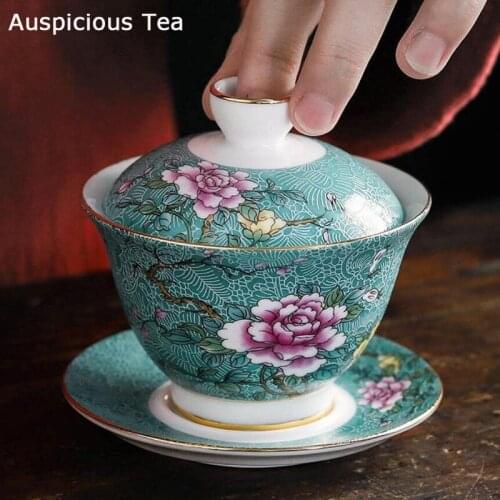 150ml Handpainted Jingdezhen Pastel Technology Traditional Ceramic Porcelain Gaiwan Tureen Kung Fu Tea Set Tea Cup Wedding Bowl