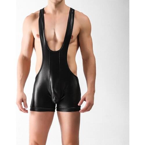 Men Sexy Bodysuits Faux Leather Wrestling Jumpsuit Men Leotard Male Body Building Singlet Underwear Shapewear Men Undershirts
