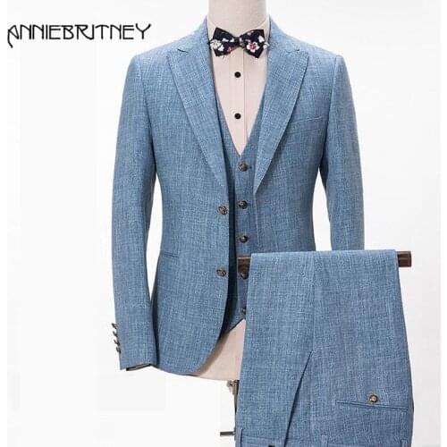 Brand New Blue Linen Men Suits for Wedding Handsome Groom Tuxedo Terno Masculino Slim Fit Men Blazers 3 Pieces Formal Prom Party