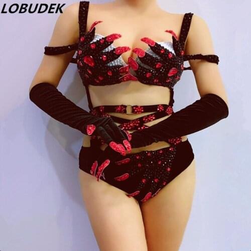 Black Rhinestones Bandage Bikini Bodysuit Crystals Talons Gloves Sexy Stage Wear Party Show Nightclub Costume DJ Pole Dance Wear