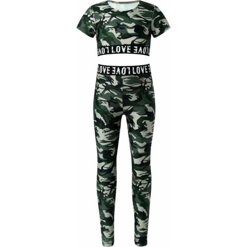 2pcs Kids Girls Summer Sportwear Dance Yoga Gym Workout Fitness Running Sport Suits Camouflage Crop Tops Leggings Pants Set