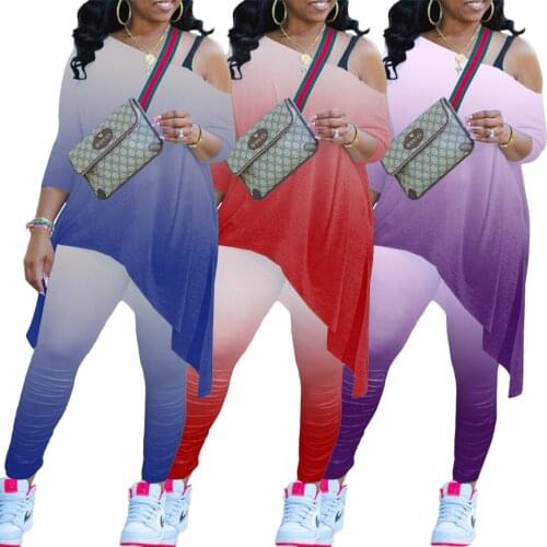 Gradient Color Print Long Tshirts & Trousers Sports Casual Women Two Piece Outfits Autumn European & American Fashion Suits