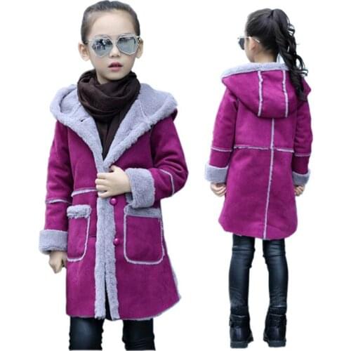 Girl cashmere coat overcoat elegant warm solid plush hooded coat for 3-12yrs girls children jacket faux deer skin outerwear coat