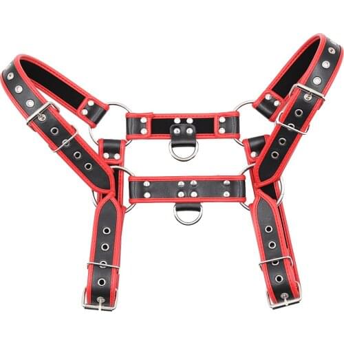 Leather Fetish Men BDSM Gay Chest Harness Belts Male Sexual Bondage Clothes Black and Red Body Harness Straps Punk Rave Tops