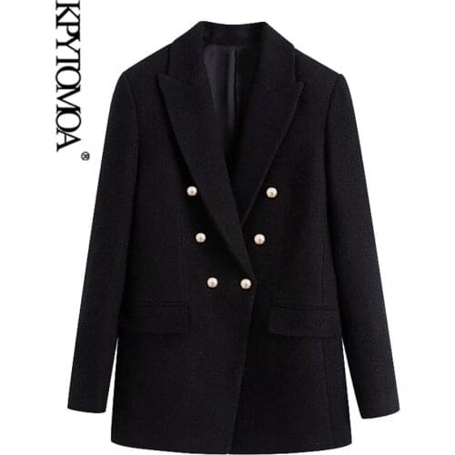 KPYTOMOA Women 2020 Fashion Office Wear Double Breasted Tweed Blazer Coat Vintage Long Sleeve Pockets Female Outerwear Chic Tops
