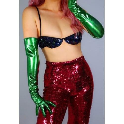 LATEX LONG GLOVES Faux Shine Patent Leather 24" 60cm Electric Green Slim Fit Women Leather Gloves WPU252