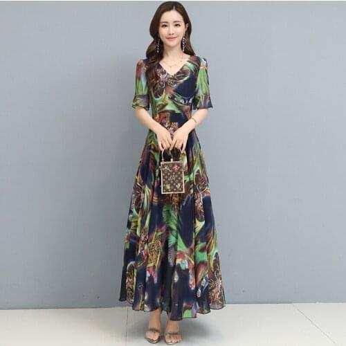 Summer Dress Fashion Floral Print Chiffon Short Sleeve V-neck A-line Vestidos Women Dress Sukienkir 3569
