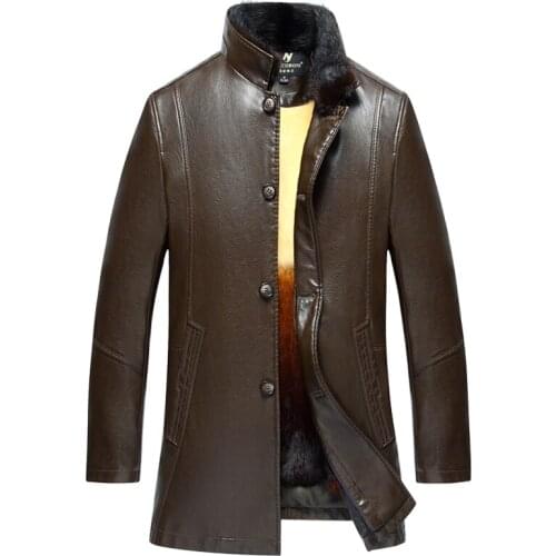 Mens Faux Fur Winter Leather Coat For Male Casual Faux Leather +mink fur collar+iner rabbit fur Off Leather Coat Overcoat 3XL