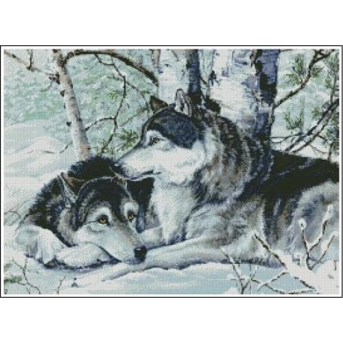 Top Quality popular 100% precision print on fabric cross stitch kit snow wolves pack lover love couple wolf