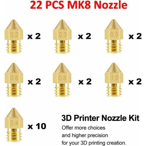 22PCS MK8 Extruder Nozzle Print Head 1.75mm 3D Printer Nozzle 0.4 0.5 0.6 0.8 0.3 1.0mm for Makerbot Creality CR-10 Ender 3 5
