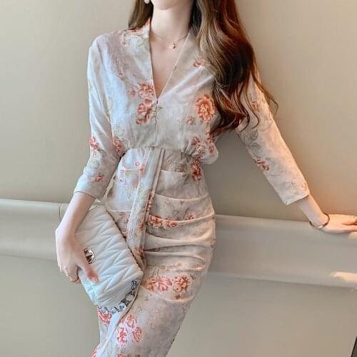 New arrival fashion comfortable v-neck sexy formal dress high quality fresh chiffon print cute elegant slim pencil dress