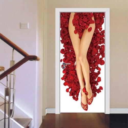 Wallpapers YOUMAN PVC Waterproof Self-adhesive Door Stickers Red Rose Home Decor 3D Stereoscopic Space Poster Mural Door Roll