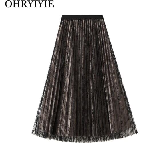OHRYIYIE Autumn Winter Lace Reversible Skirt Women 2021 New Fashion High Waist Midi Pleated Skirts Female Long Mesh Slim Skirt
