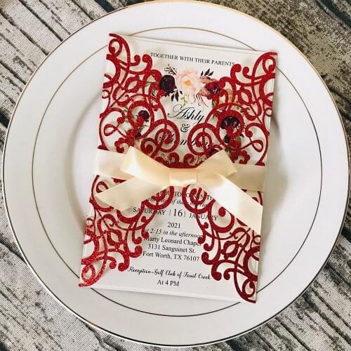 50PC Red Glitter Rose Flower Personalized Print Laser Cut Wedding Cards with Champagne Ribbon Invites for Quinceanera Party