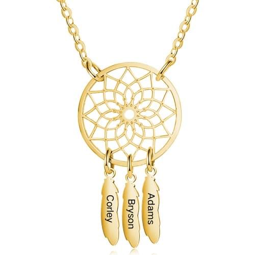 Personalized 2-6 Names Dream Catcher Necklace With Metal Feathers Custom Name Text Dreamcatcher Shape Pendant Women Jewelry Gift