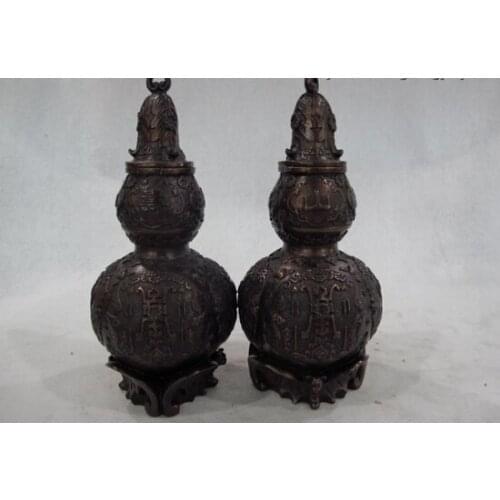 Song voge gem S0265 China Copper Bronze Feng shui Bat Wealth Blessing Pot Vase Cucurbit Gourd Pair