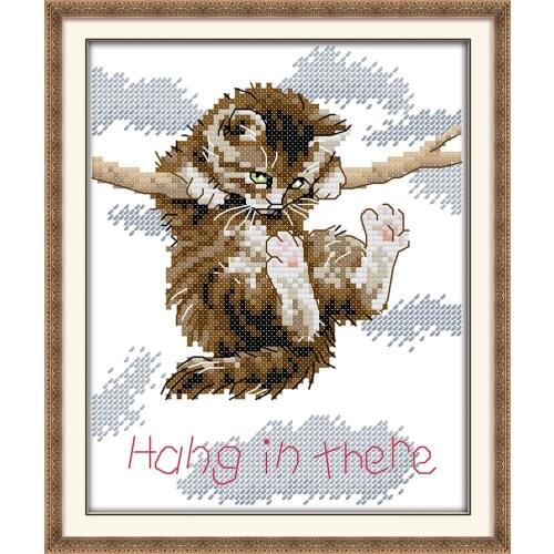 Joy Sunday Hang In There Cat Design Cross Stitch Cotton DIY Needlework Counted Cross Stitch Kit for Embroidery Crafts Home Decor