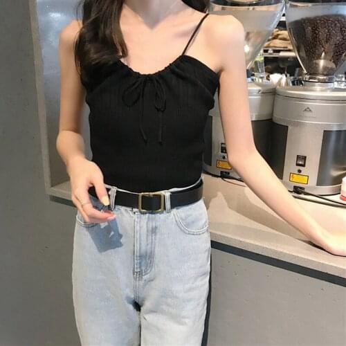 KNIT Bow TIE Drawstring Slim SHORT Camisole Tops 2019 Summer Women Sexy Slash Neck Strap Crop Tops Female Skinny Bralette