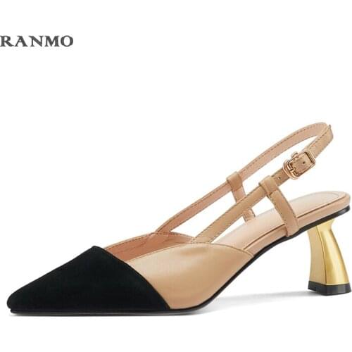 Women Slingbacks Shoes High Heels Natural Genuine Leather Thick High Heel Shoes Cow Leather Mixed Colors Pumps Heels for Women