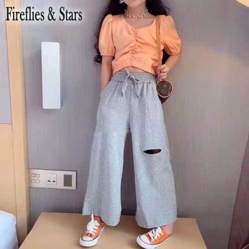 Spring Summer girls pants baby trousers kids bottoms children streetwear casual clothes knee hollow out wide leg 3 to 8 yrs