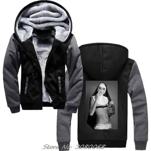 Nun Smoking Drink Weed Funny Novelty Men Women Unisex Retro Hoodie Winter Keep Warm Thicken Zipper Sweatshirts