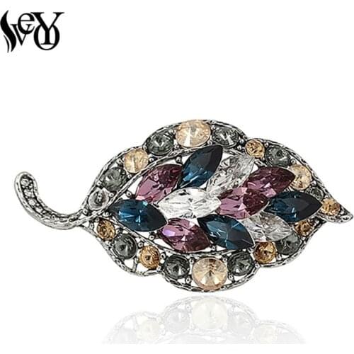 VEYO Luxury Multicolor leaves Crystal Rhinestone Brooches For Women Big Broches Scarf Clothes Hijab Pins