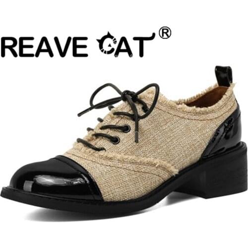 REAVE CAT 2021 Spring Fashion Pumps Round Toe Patent Leather Denim Cap-Toe Casual Lace-Up 4.5cm Square High Heel Ladies Shoes