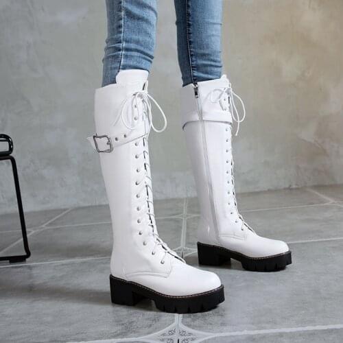 Hot Sale Spring Autumn Lacing Knee High Boots Women Fashion White Square Heel Platform Woman Leather Shoes Winter PU Large 33-43