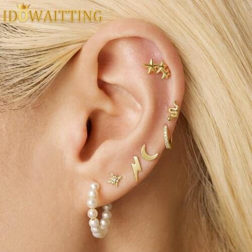 High Polish Gold Color Lightning Bolt Stud Earring For Women Classic Fashion 100% 925 Sterling Silver Multi Piercing Jewelry