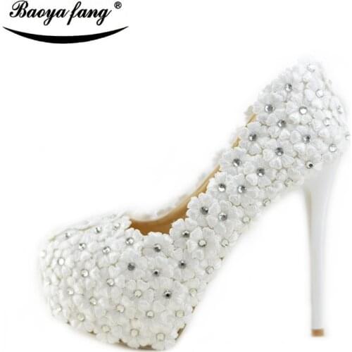 BaoYaFang White flower womens wedding shoes Bride High heels shoes ladies big size party dress shoes woman Platform shoes