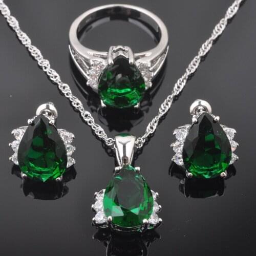 Bridal Womens Wedding Jewelry Sets Silver Color Green Crystal Ring Necklace And Earrings Set QZ0256