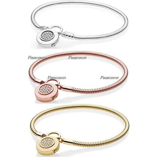 925 Sterling Silver Bracelet Gold Color Logo Signature Padlock Smooth Snake Bangle Fit Bead Charm Diy Fashion Jewelry