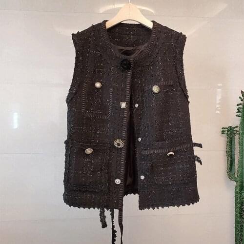 2020 spring autumn women casual lace patchwork buttons o-neck tweed vests loose plus size sleeveless jackets waistcoat Y709