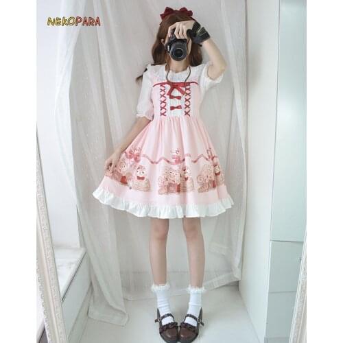 Dessert Kitty Kawaii Womens Lolita Jsk Summer Suspender Dress Bows Pink Dress One Piece