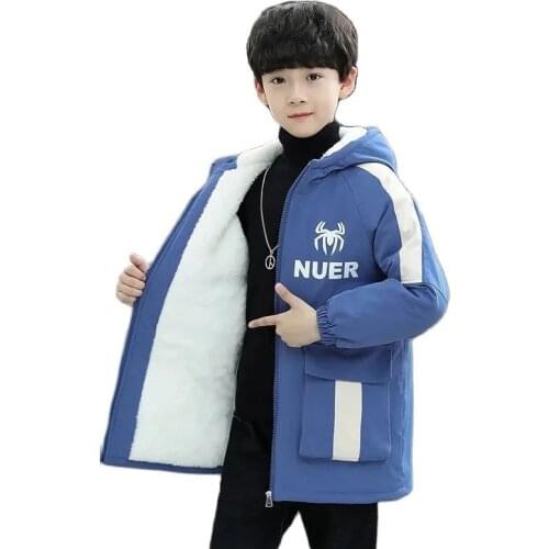 Winter Polyester Jacket For Boy New 2021 Keep Warm Korean Version Thicken Plus Velvet Mid-Length Hooded Coat Childrens Clothing