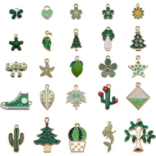 50pcs/set Alloy Enamel Pendants Charms Mixed Shapes Green Tree Flower Leaf for Jewelry Making DIY Bracelet Necklace Supplies