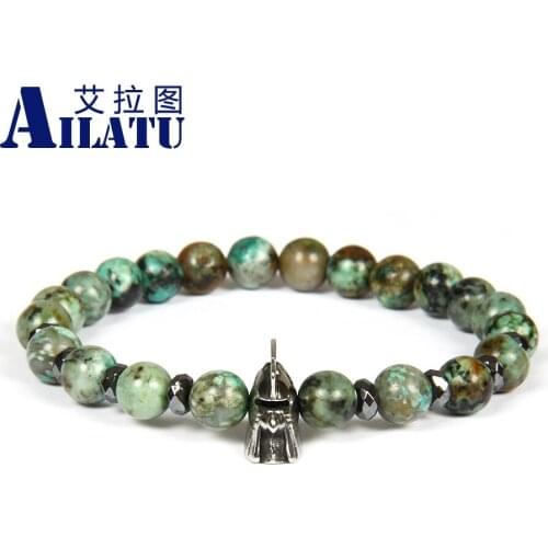 Ailatu Jewelry Wholesale 8mm Natural African and Flash Stone Beads with Vintage Stainless Steel Helmet Spartan Bracelet Gift